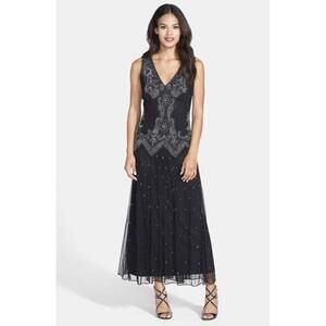 Pisarro Nights Black Bead Embellished Sleeveless V Neck Evening Gown Dress 16W